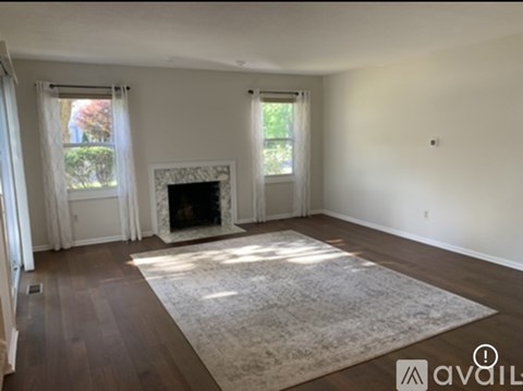A living room with a fireplace and a rug in the middle.