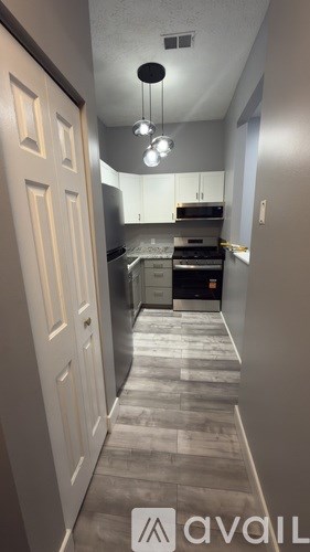 A kitchen with a white door and a counter.