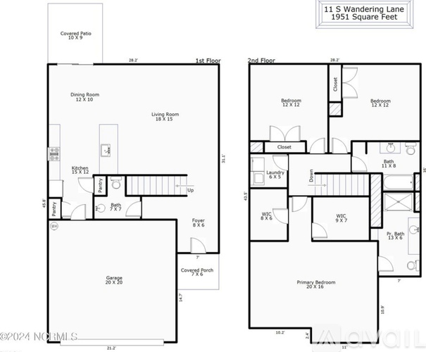 A floor plan for a two-story home at 115 S Wandering Lane, covering 1951 square feet.