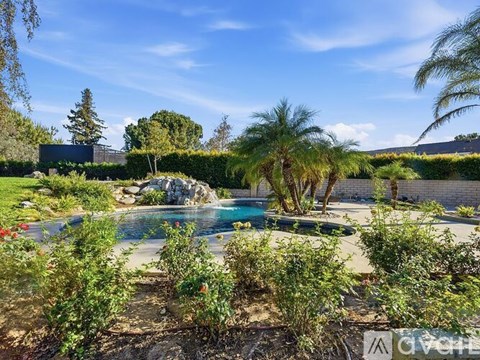 A pool surrounded by greenery and a clear blue sky.