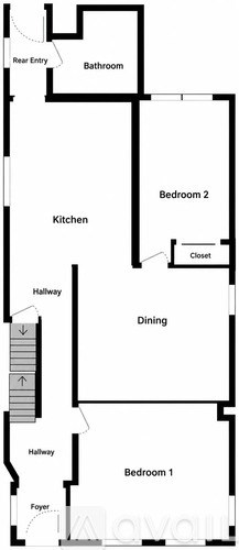 A floor plan of a house with a kitchen, two bedrooms, a bathroom, a closet, and a dining area.