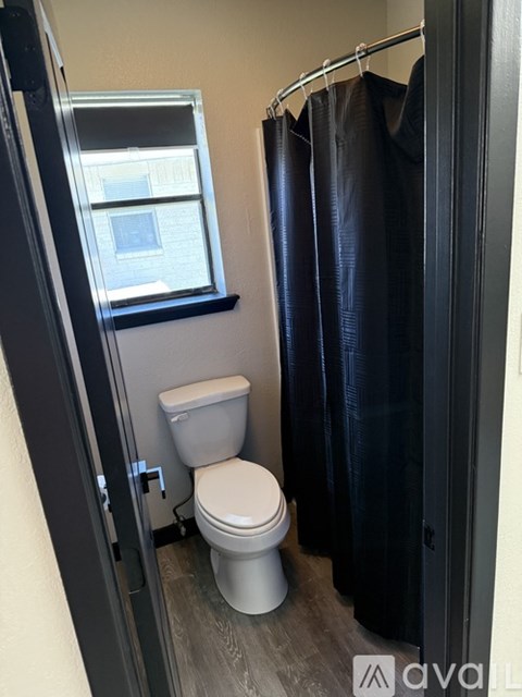 A bathroom with a toilet, a window, and a shower curtain.