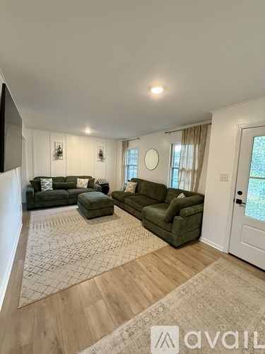 A living room with a green couch and a white door.