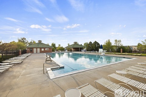 A pool surrounded by sun loungers and a building in the background.