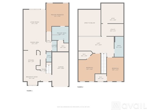 A floor plan of a two-story home with a living room, dining room, kitchen, and two bedrooms.