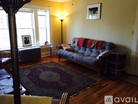 A living room with a grey couch and a rug.