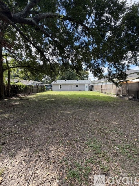 A backyard with a dirt ground and trees.