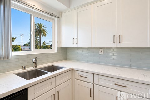 A kitchen with white cabinets and a window overlooking a palm tree.
