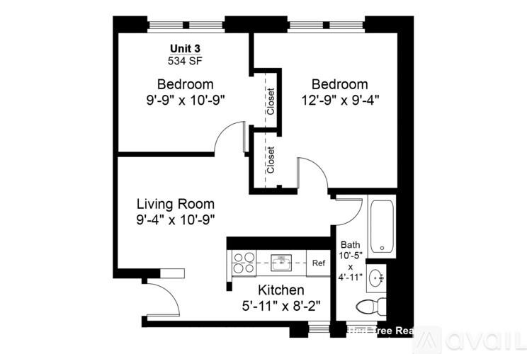 A floor plan of an apartment with three bedrooms and a living room.