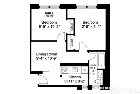 A floor plan of an apartment with three bedrooms and a living room.