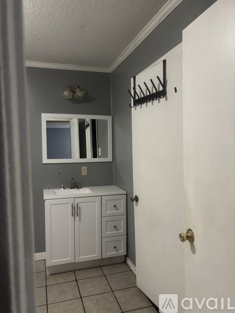 A bathroom with a white door and a white cabinet with a mirror above it.