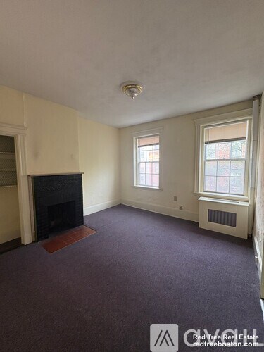 A room with a fireplace and two windows.