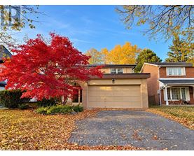 A red maple tree in front of a house with a garage.