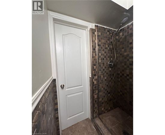 A white door is on the left of a tiled shower.