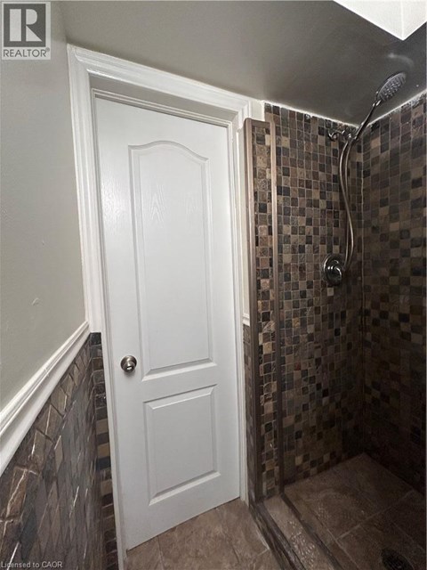 A white door is on the left of a tiled shower.