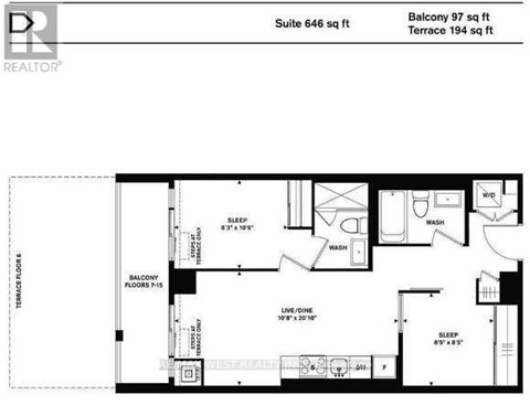 A floor plan for a suite that is 646 square feet with a balcony and terrace.