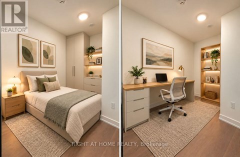 A bedroom with a bed, desk, and chair.