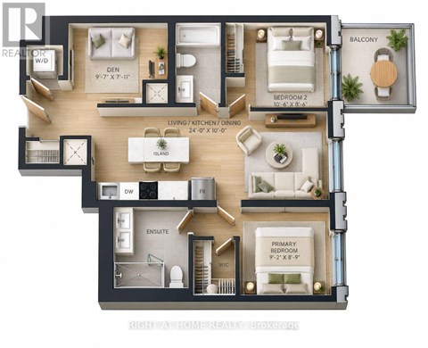 A floor plan of a home with a living room, kitchen, dining room, and two bedrooms.