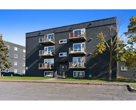 A black apartment building with balconies and trees in the background.