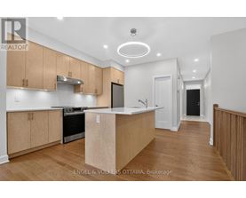A kitchen with wooden cabinets and a white countertop.