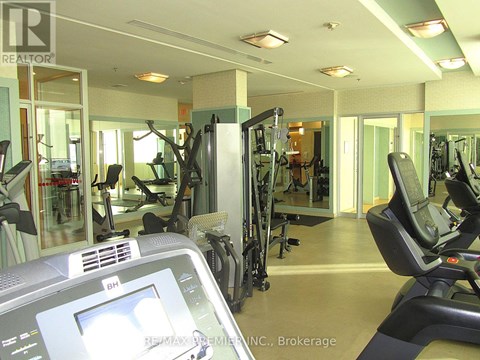 A gym with treadmills, elliptical machines and other exercise equipment.