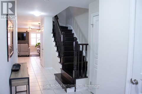 A hallway with a staircase and a table with a plant on it.