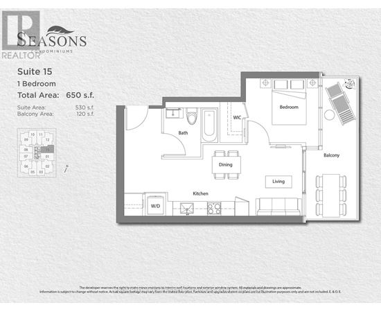 A floor plan for a 1 bedroom suite area of 530 square feet.