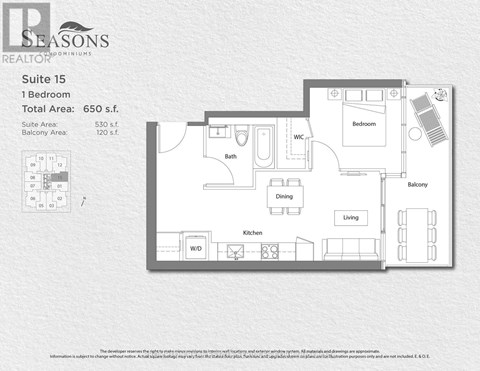 A floor plan for a 1 bedroom suite area of 530 square feet.