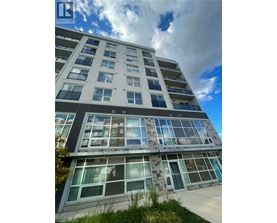 A tall building with many windows and balconies is shown under a blue sky.