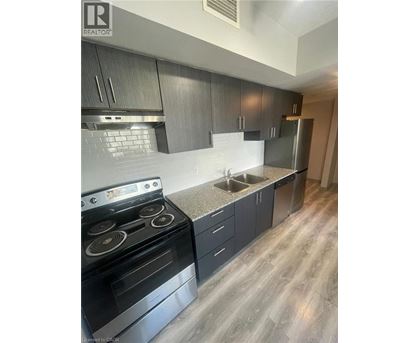 A modern kitchen with a stove, sink, and cabinets.