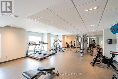 A gym with a variety of exercise equipment including treadmills, stationary bikes, and weight machines.