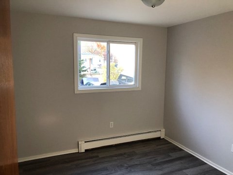 A room with a window and a white radiator on the wall.
