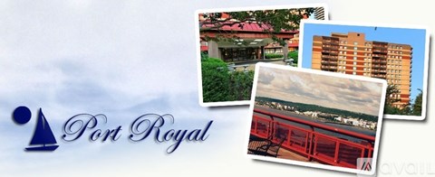 A logo with a blue anchor and the words "Port Royal" next to three photographs of buildings and a bridge.