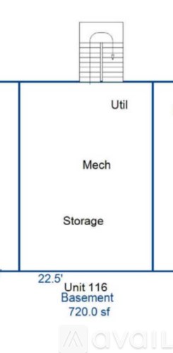 A diagram shows a 22.5" Unit 116 Basement 720.0 sf with Util, Mech, and Storage sections.