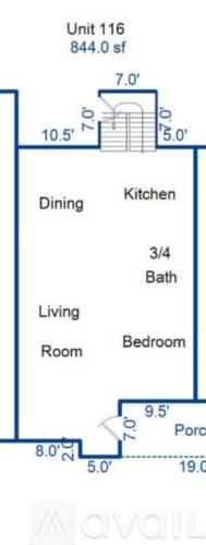 A floor plan of a unit with a living room, dining room, kitchen, bathroom and porch.