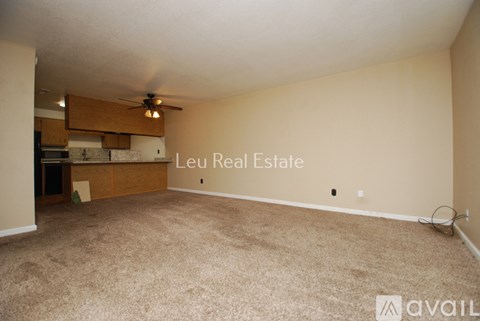 A room with a carpeted floor and a ceiling fan.