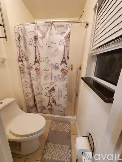 A bathroom with a toilet, a shower curtain with Parisian landmarks on it, and a window with blinds.