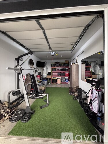 A gym with a green artificial turf floor and various exercise equipment.