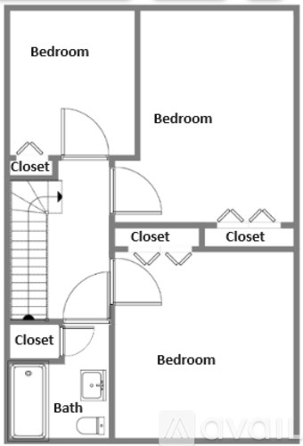 A floor plan of a house with four bedrooms and three closets.