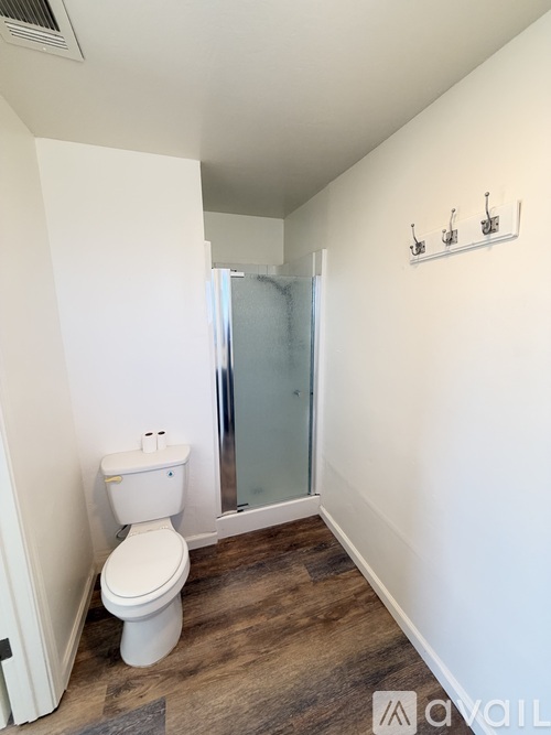 A white toilet in a small bathroom with wood flooring and a glass shower door.