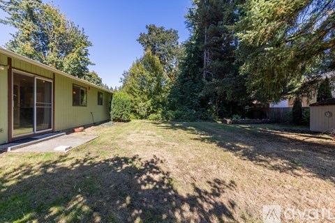 A backyard with a house, trees, and a lawn.