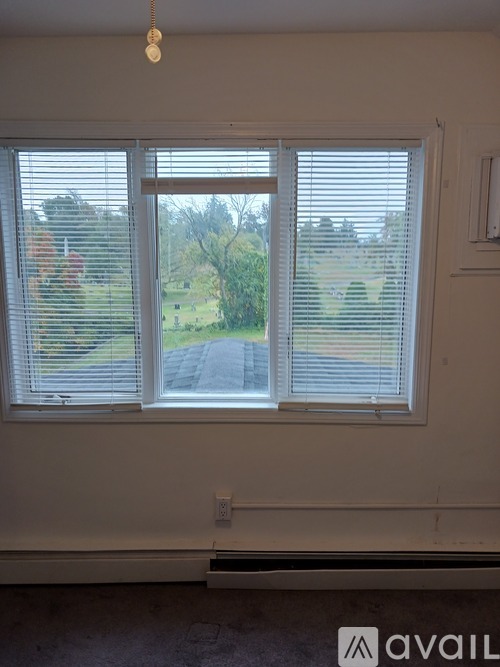 A room with a window overlooking a road.