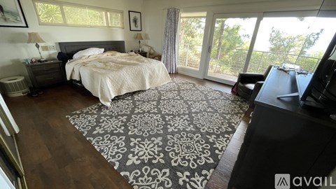 A bedroom with a large bed and a patterned rug.