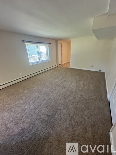 A room with a carpeted floor and a window.