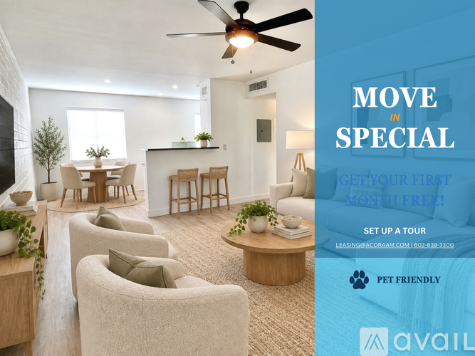 A living room with a ceiling fan and furniture, advertising a move-in special.