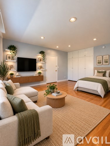 A living room with a couch, a television, and a bed.