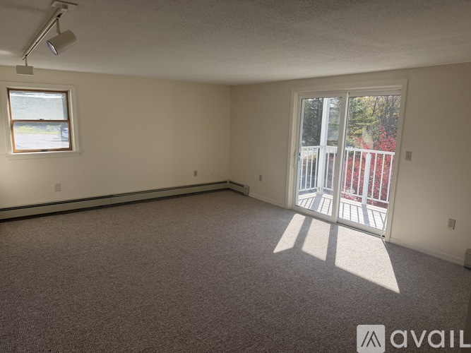 A room with a carpeted floor, a window, and a door leading to a balcony.