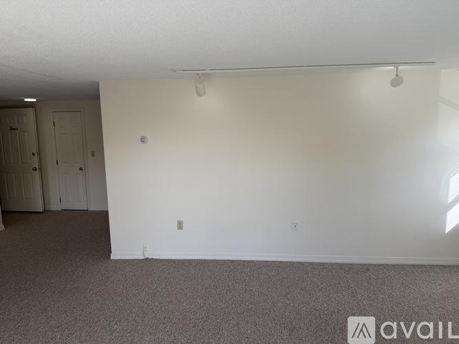A room with a carpeted floor and two doors.