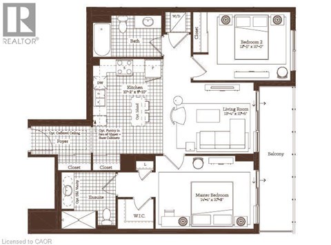 A floor plan of a house with a living room, two bedrooms, a kitchen, and a bathroom.