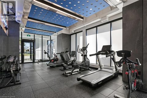 A gym with treadmills, exercise bikes, and other equipment.